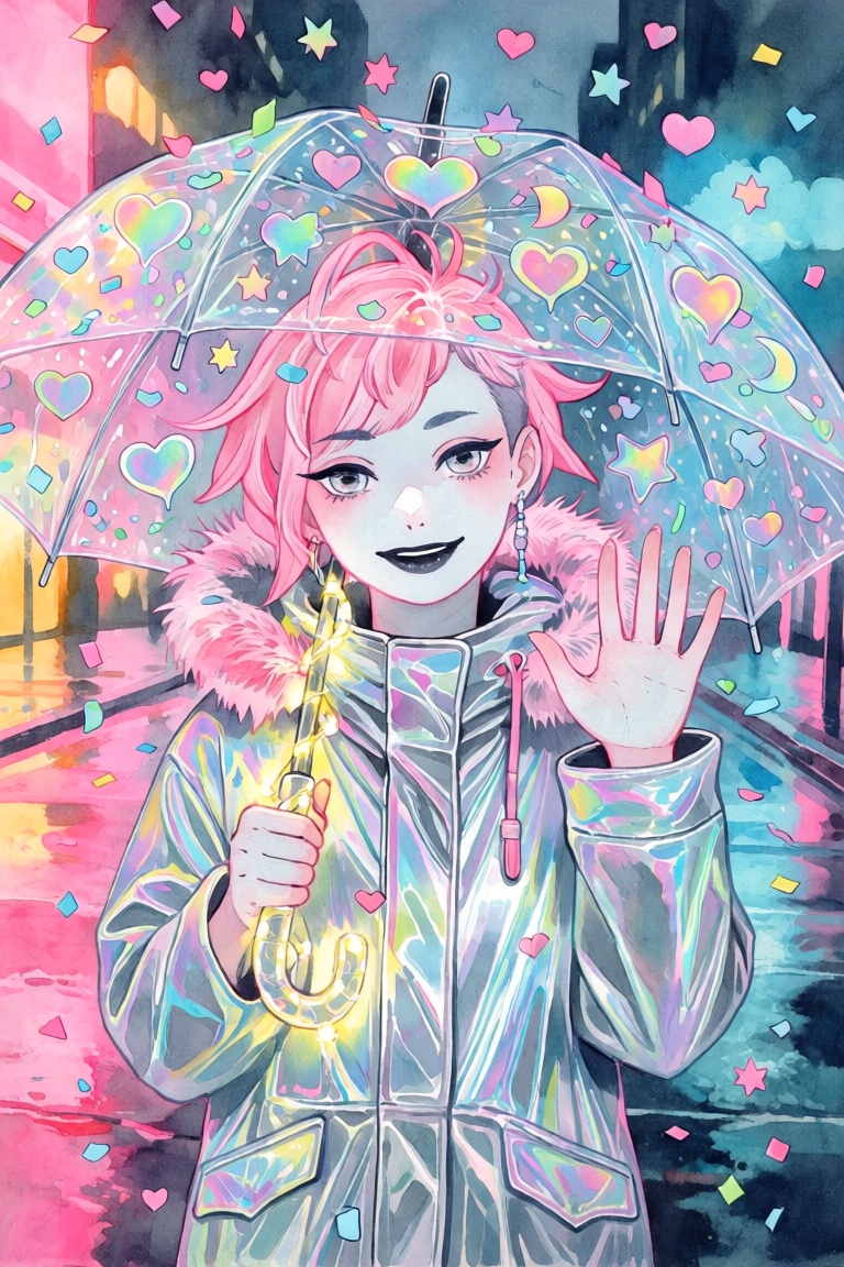 A waist-up portrait of a young androgynous person with pale skin and a sharp undercut dyed electric hot pink. They stand b...
