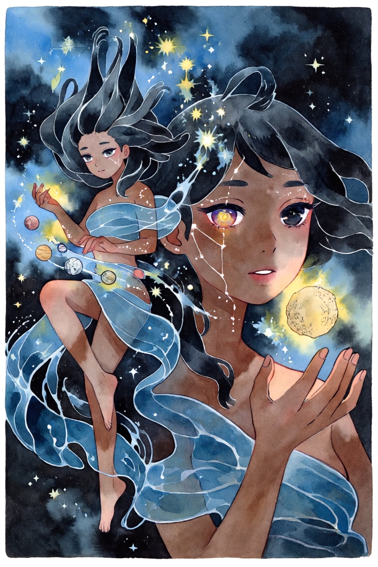Multi-angle layout collage. Two planes connected by a drifting column of stardust and light flares. Right half: close-up o...