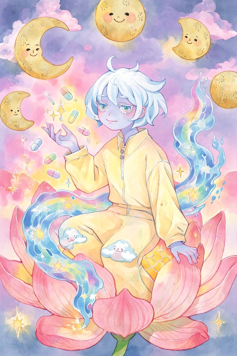 A full portrait of an androgynous young figure with pale lilac skin and short white hair that stands up in soft tufts. A f...