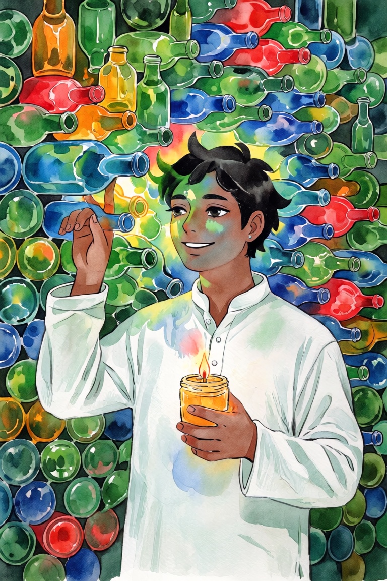 A portrait of a young South Asian man with warm brown skin standing before a massive wall made of hundreds of colored glas...