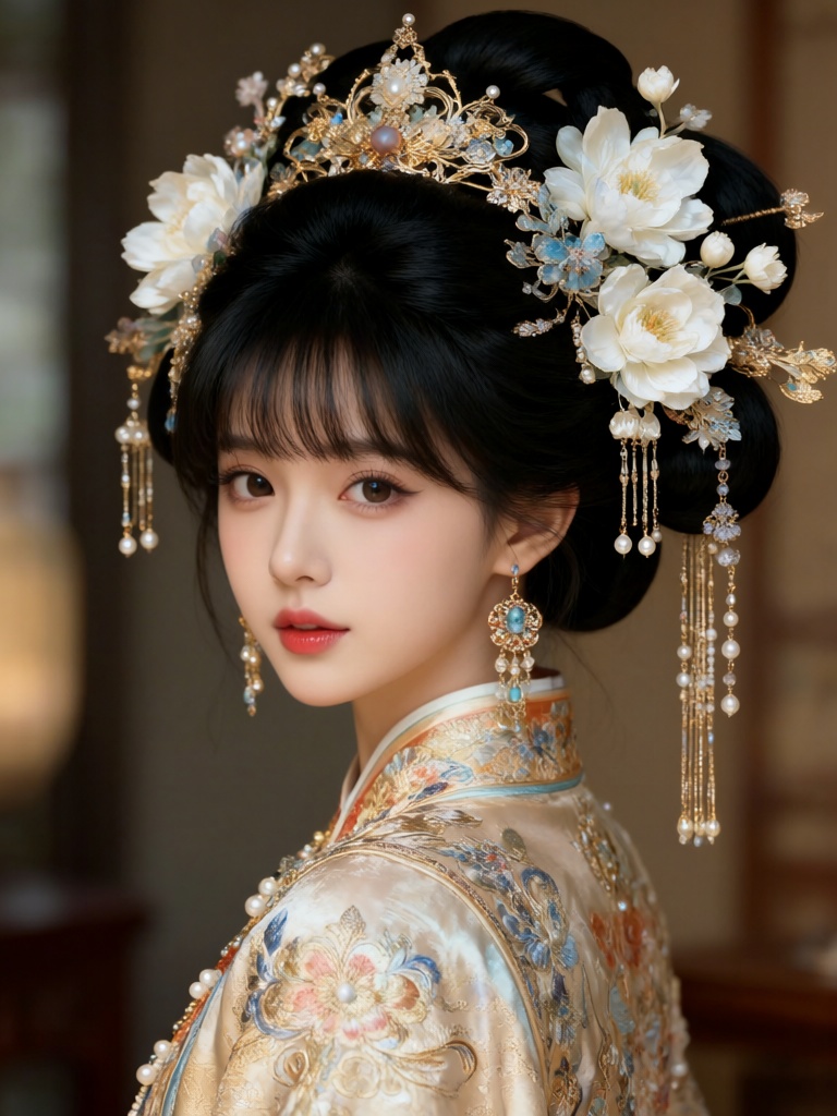 黑发古风女子,  繁复华丽盘发,  满头白色大花与鎏金珠翠发饰 by 夕木 on Tensor.Art