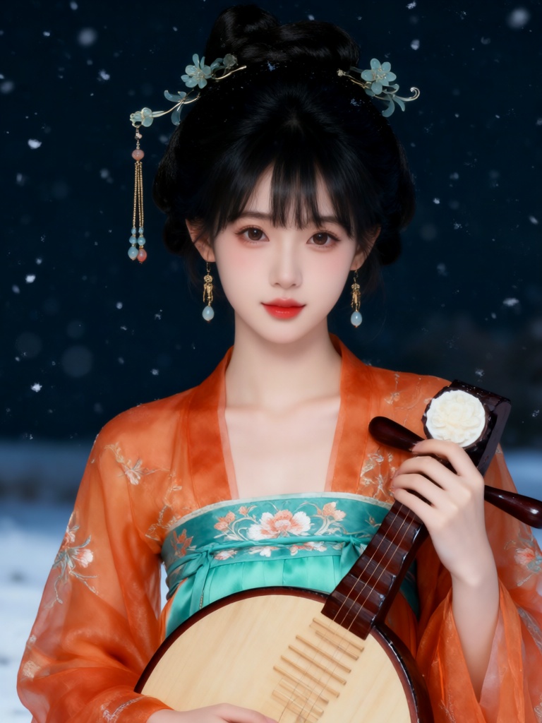 黑发古风少女,  精致高盘发髻,  玉饰金步摇流苏耳坠 by 夕木 on Tensor.Art