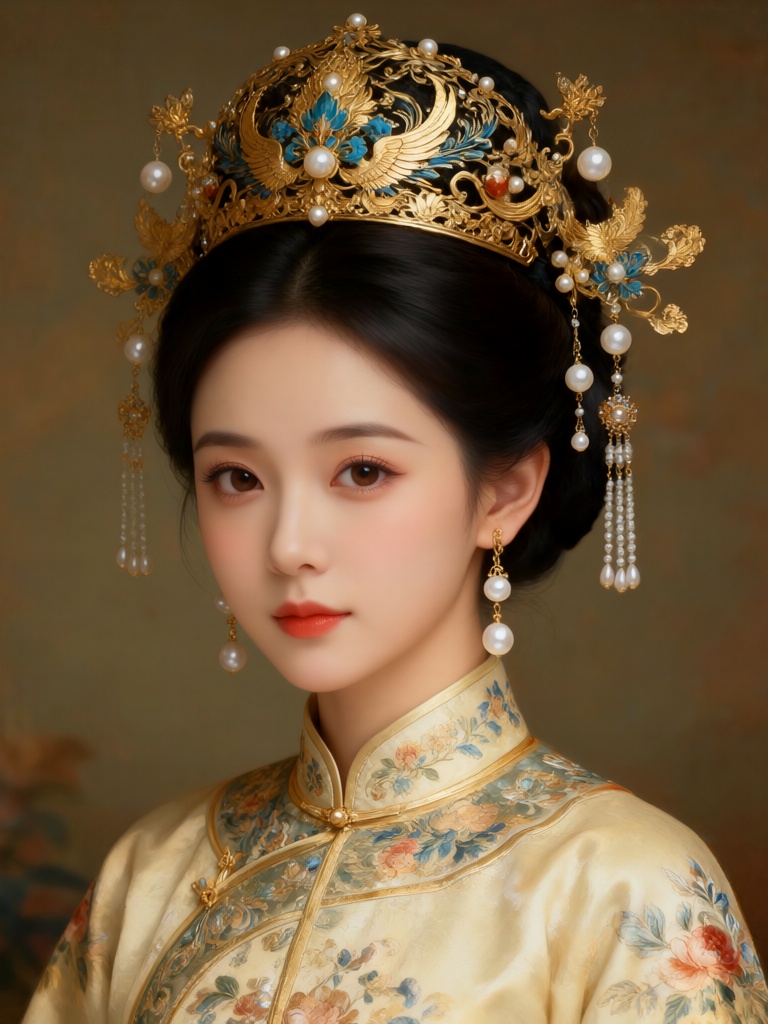 温婉东方女子,  乌黑规整盘发,  明制点翠鎏金凤冠 by 夕木 on Tensor.Art