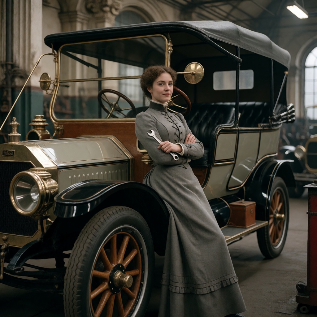 A beautiful 22-year-old female mechanic wearing an elegant Victorian dress,  casually resting against the side of a beauti...