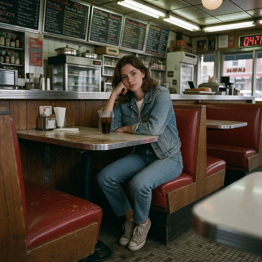 photorealistic young ***** woman,  sitting alone at a worn wooden booth inside an old Brooklyn diner,  one elbow resting o...