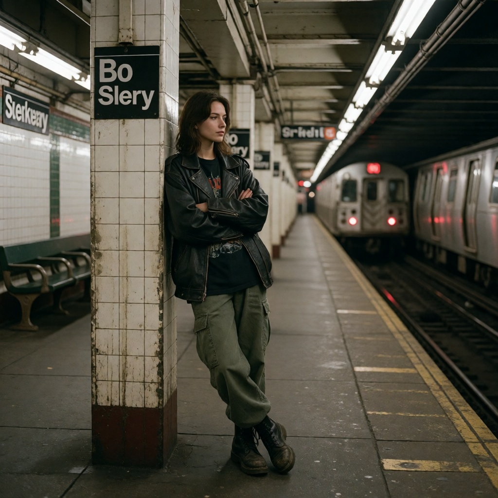 photorealistic young ***** woman,  standing on an old Manhattan subway platform,  leaning against a tiled column on Tensor...
