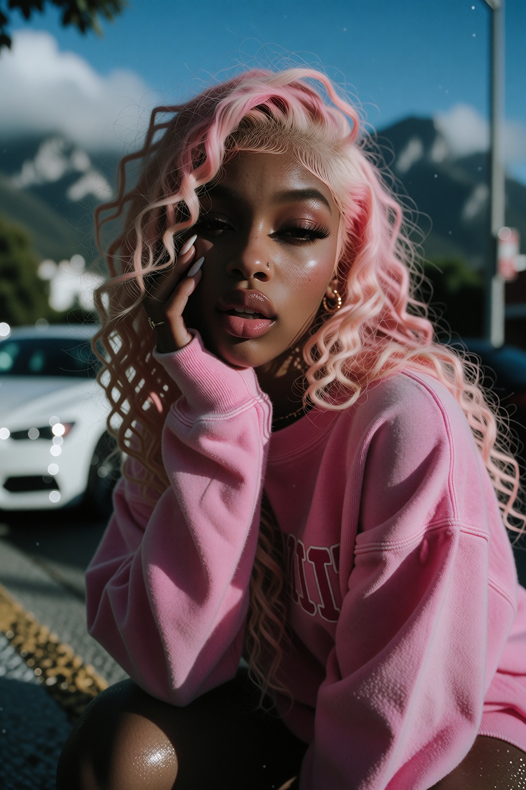 A young Black woman with long,  curly,  pastel pink hair and full lips on Tensor.Art