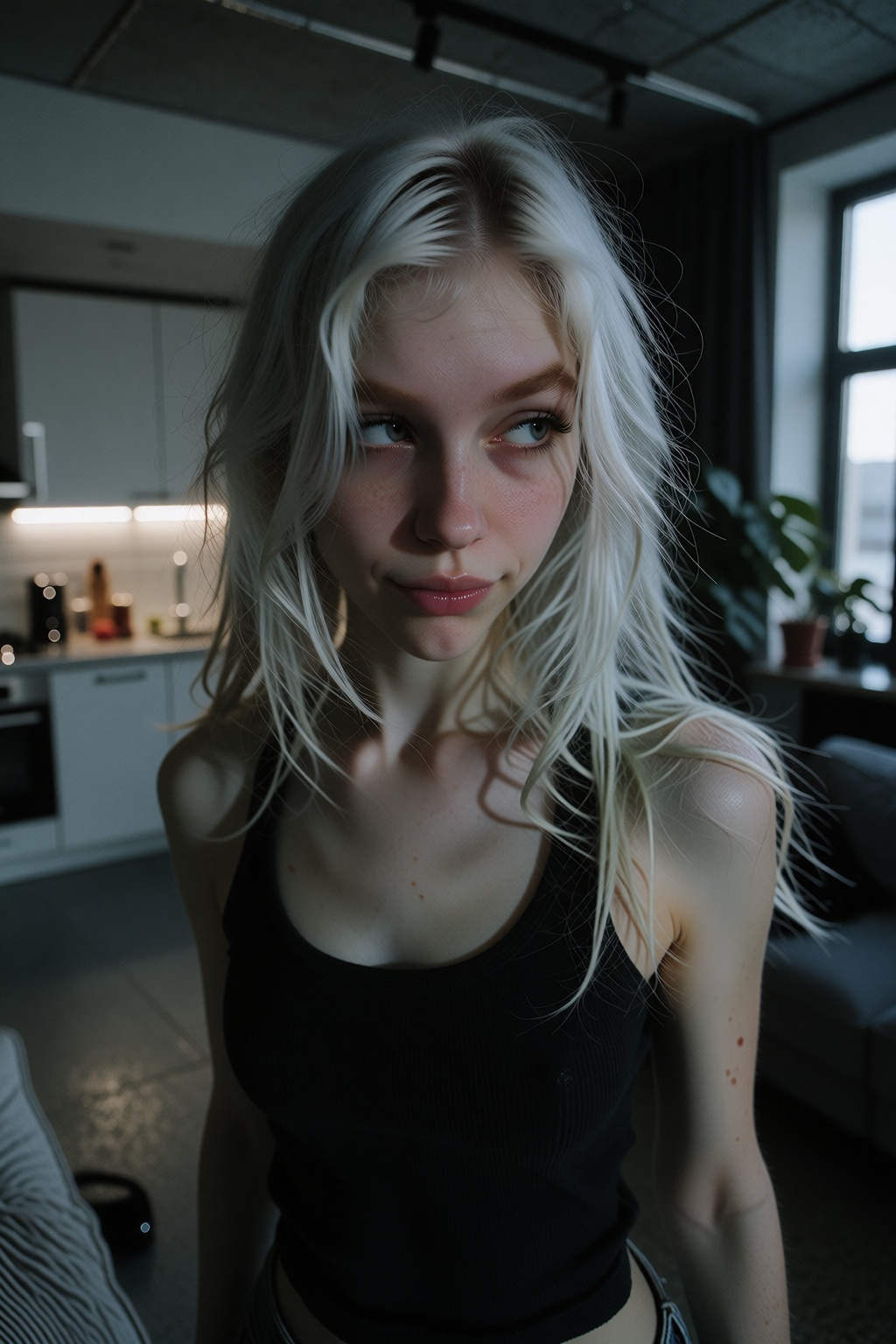 Dim light. barely enlight scene. A closeup shot photo of a 20 years old woman with long messy platinum hair parted in the...