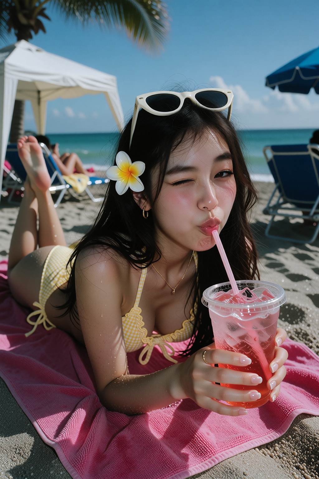 A cute asian young woman lying on her stomach on a pink beach towel at a sunny beach,  wearing a yellow gingham bikini wit...