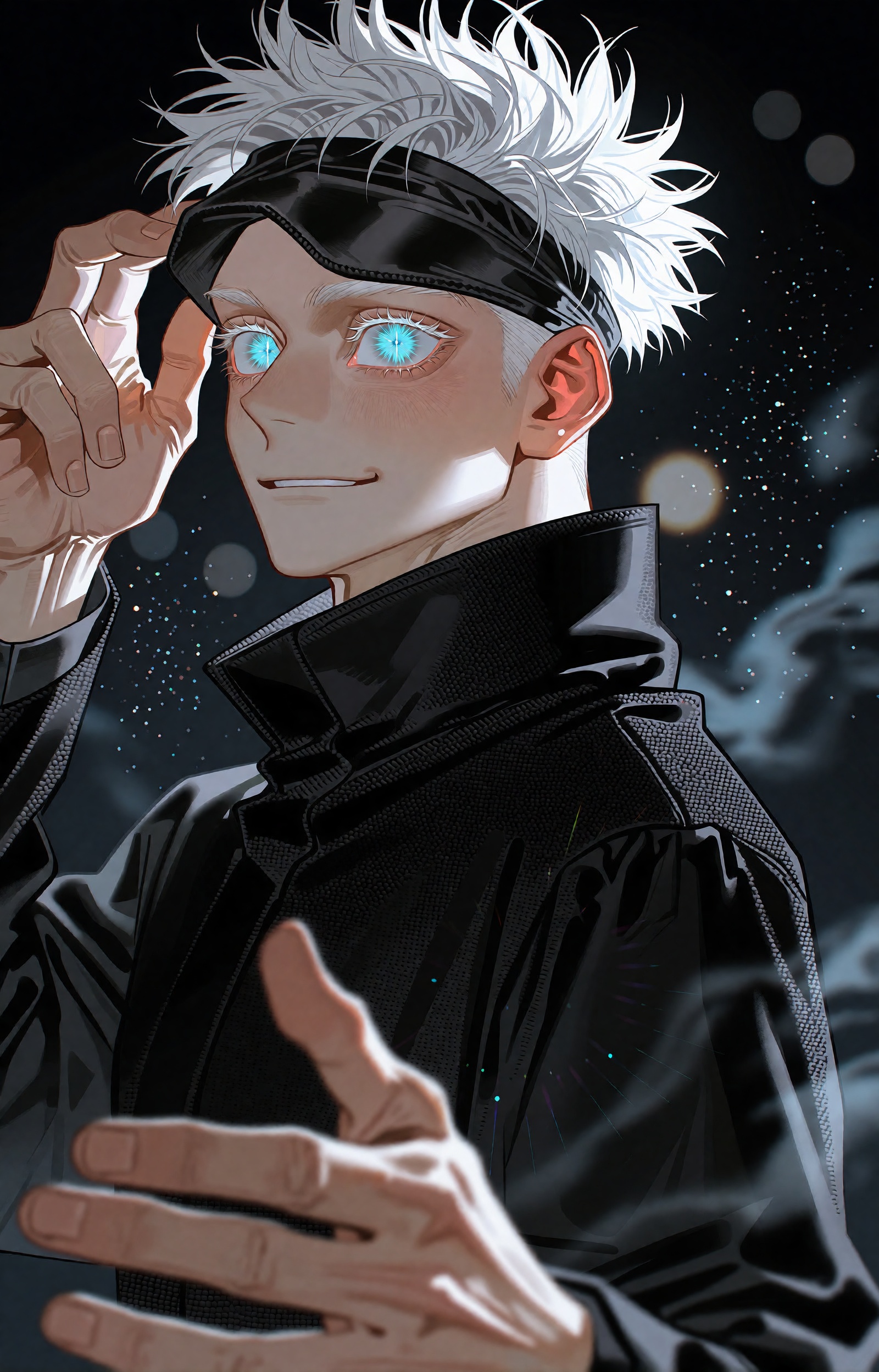 SUBJECT: A young seer whose eyes hold collapsed stars fills the frame in a close portrait. Spiky silver-white hair lifts i...