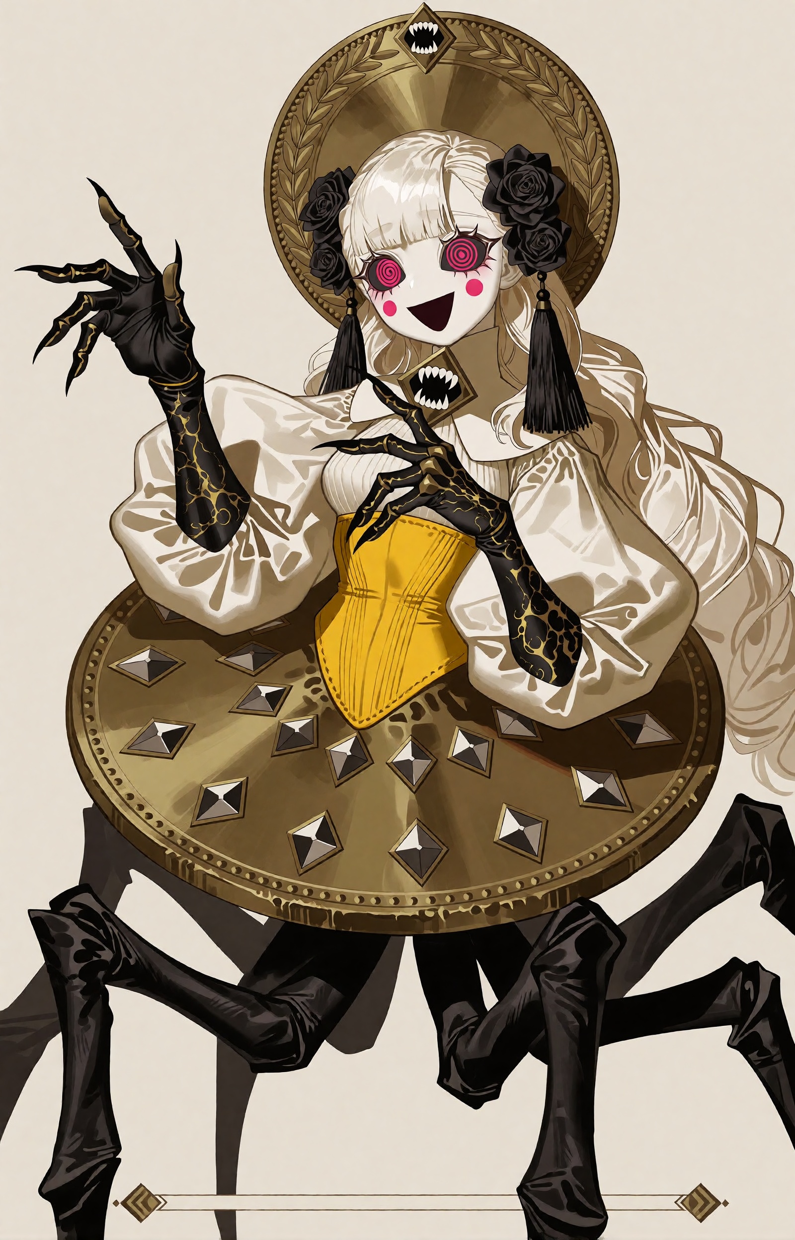 SUBJECT: A canonized idol of avarice stands as a living court card of the coin suit. Her doll-pale face carries cream-whit...