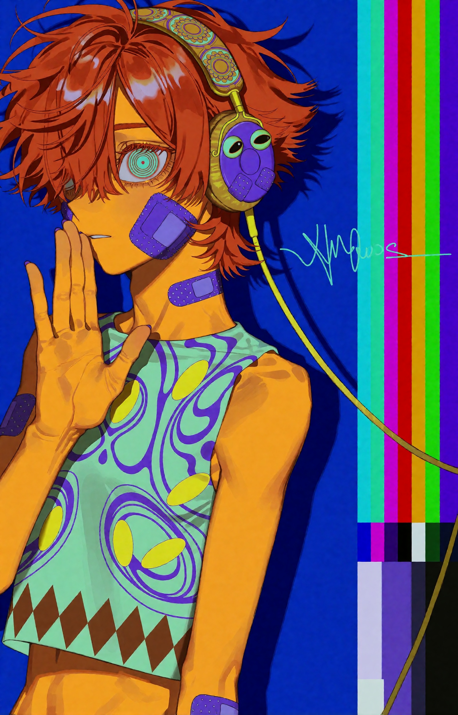 SUBJECT: An androgynous youth with a wild shock of burnt-orange hair curtaining one eye stands as the last broadcast saint...