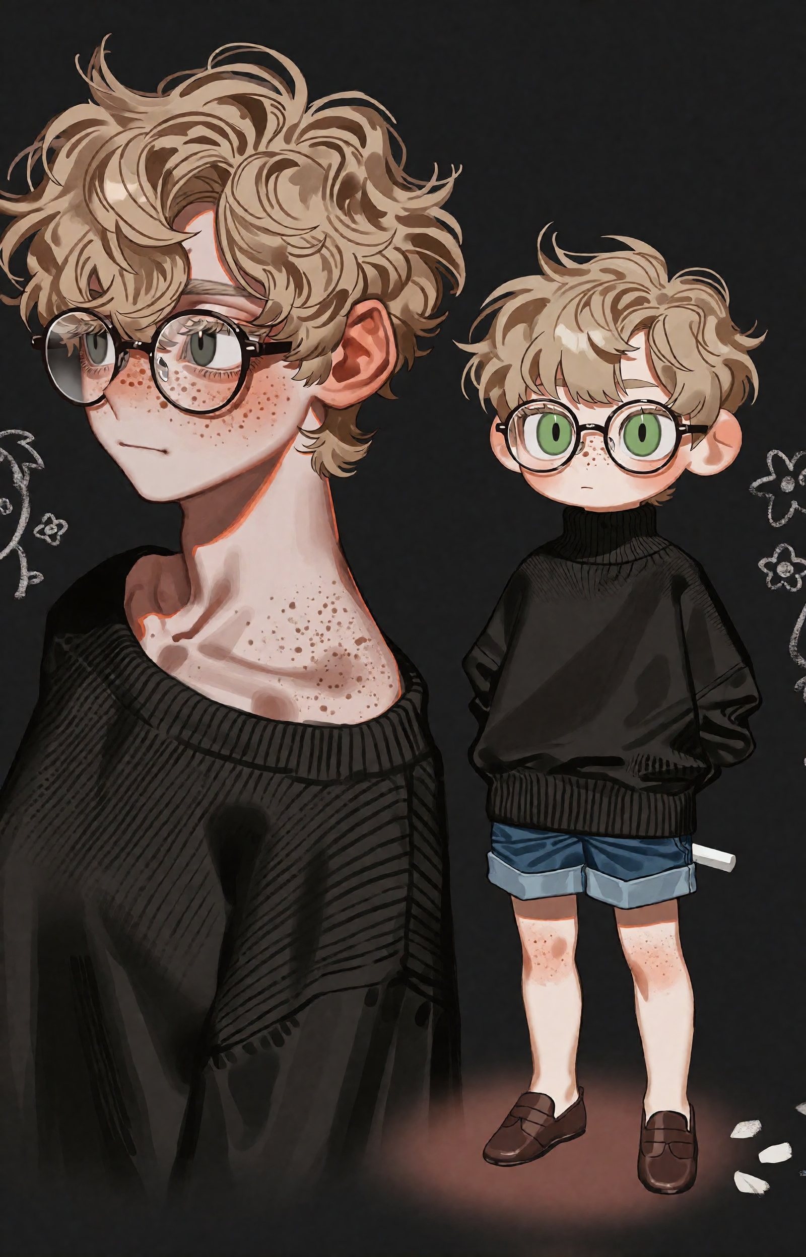 SUBJECT: A young person with a heavy mop of curly sandy-blond hair and a freckled face stands as the outer self. Beside th...
