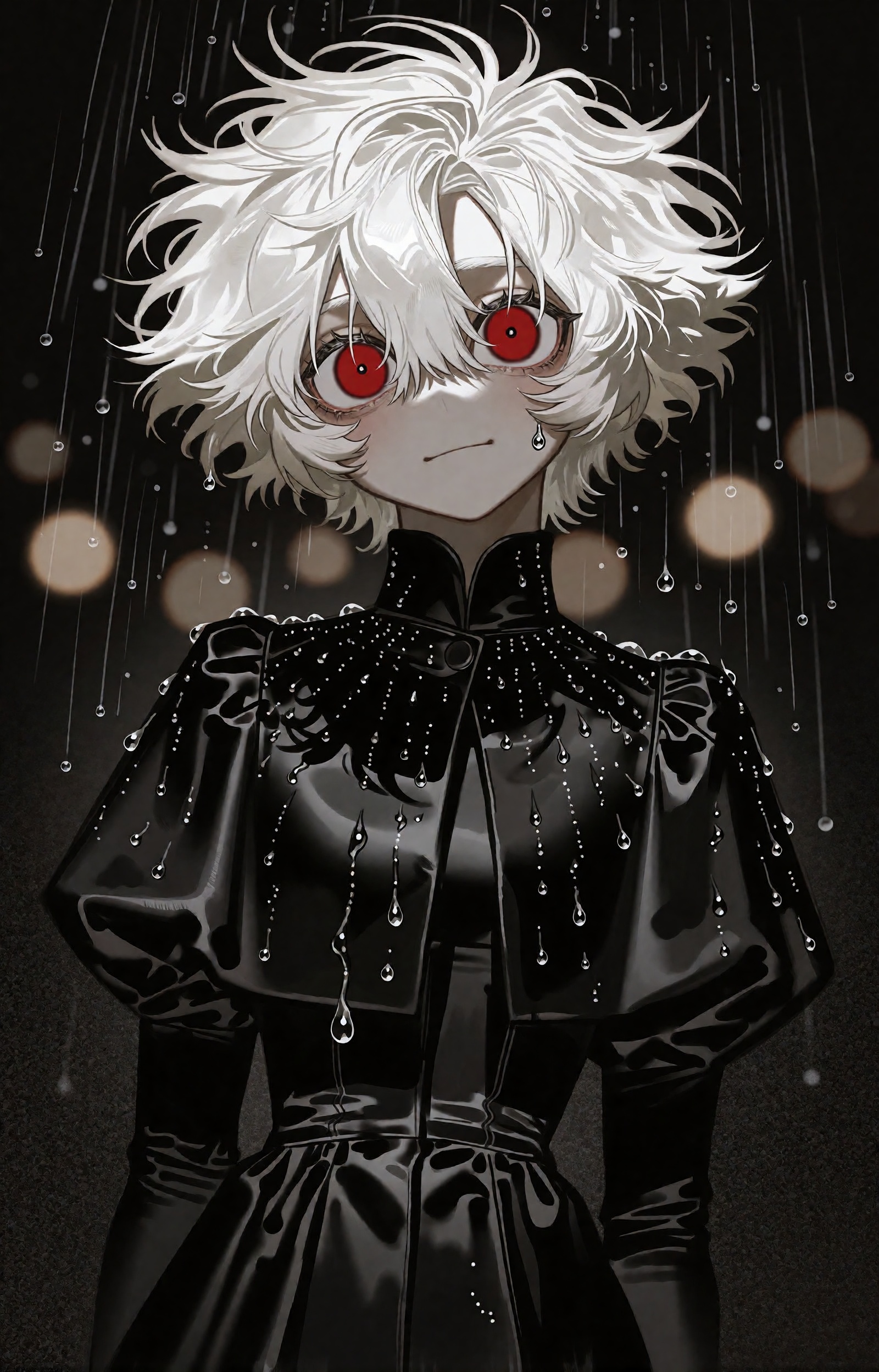 SUBJECT: A single androgynous figure carries a wild frizzy mane of white hair radiating outward like a storm cloud. Huge r...