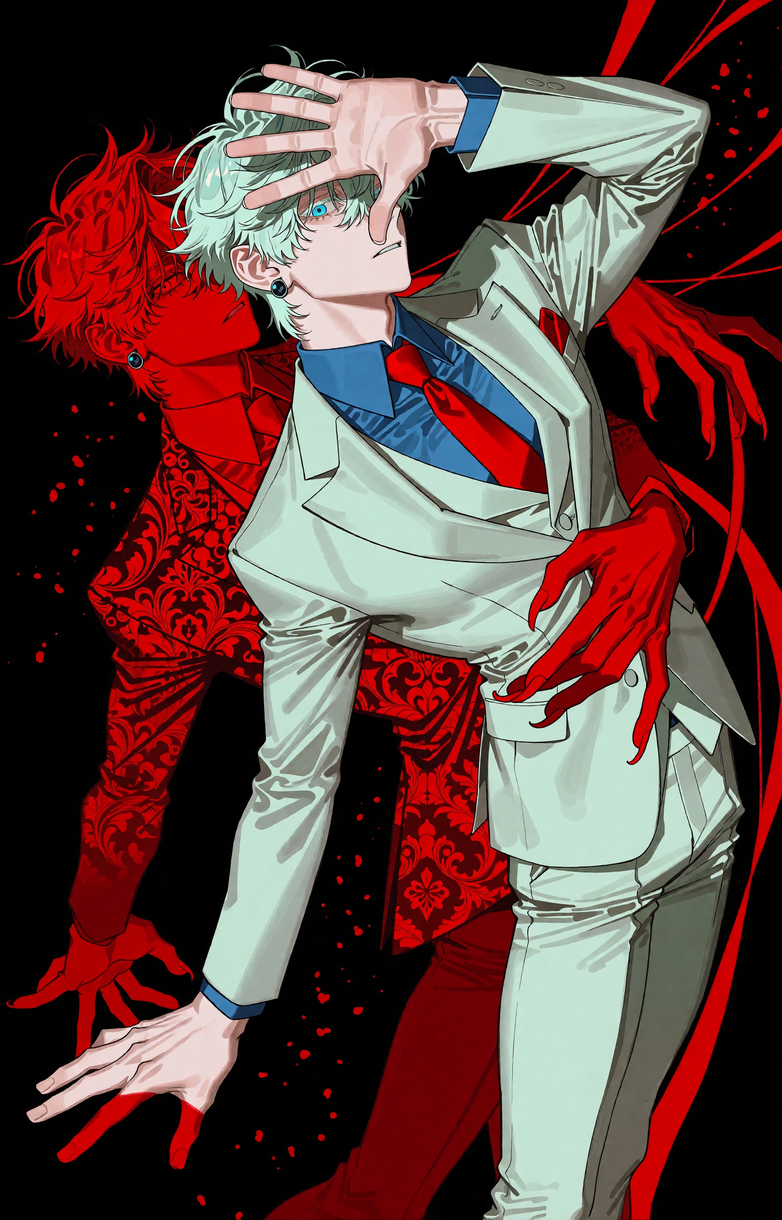 SUBJECT: A slender young man dances with his own crimson shadow-self in a floorless void. His mint-green tousled hair fall...