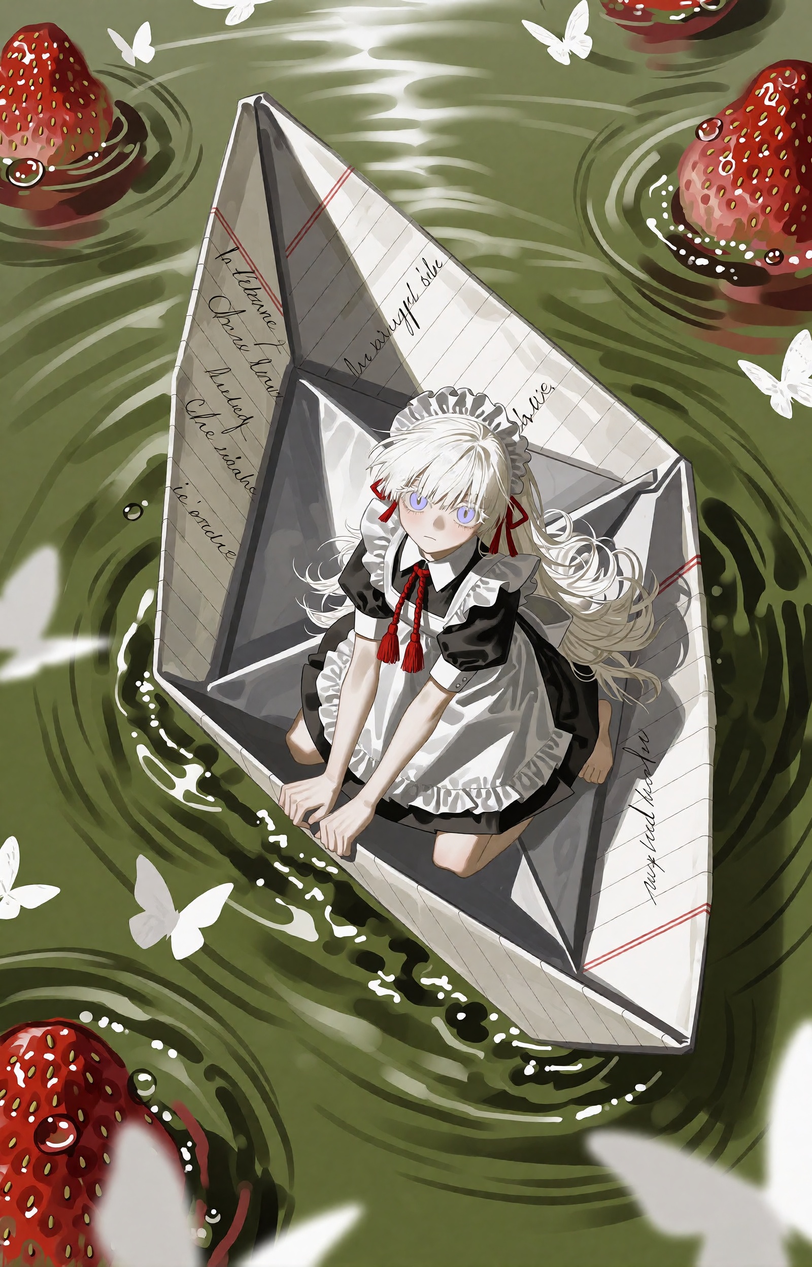 SUBJECT : A tiny silver-haired maid girl with long white hair and pale lavender eyes,  kneeling small inside her vessel. S...