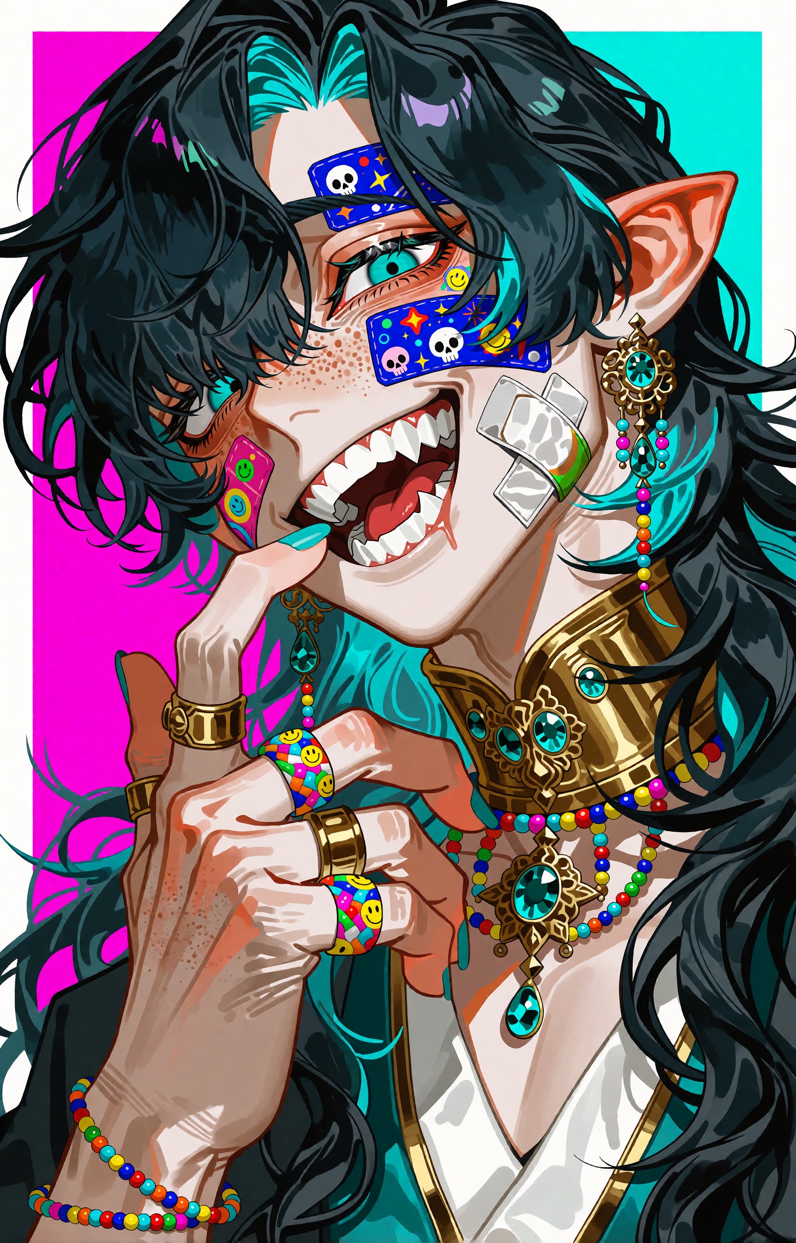 SUBJECT: An androgynous elf-idol of a candy-colored shrine fills the frame in extreme close-up. Long dark-teal wavy hair f...