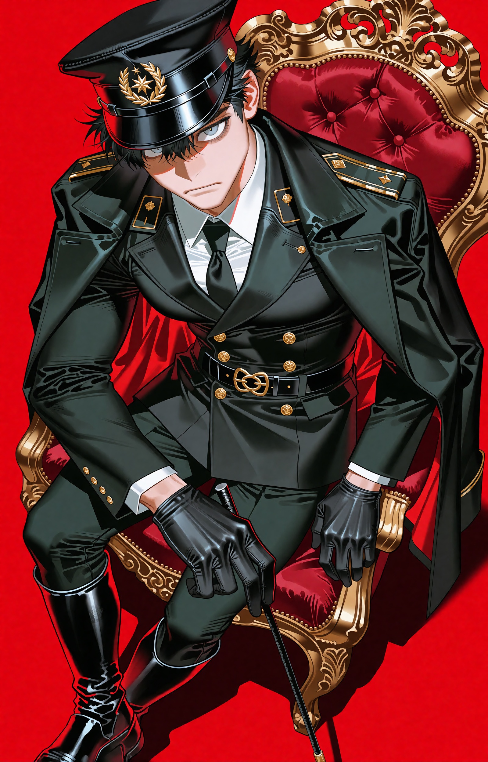SUBJECT: A young marshal of a nonexistent empire sits enthroned in a staged portrait. Sleek dark hair escapes in short str...