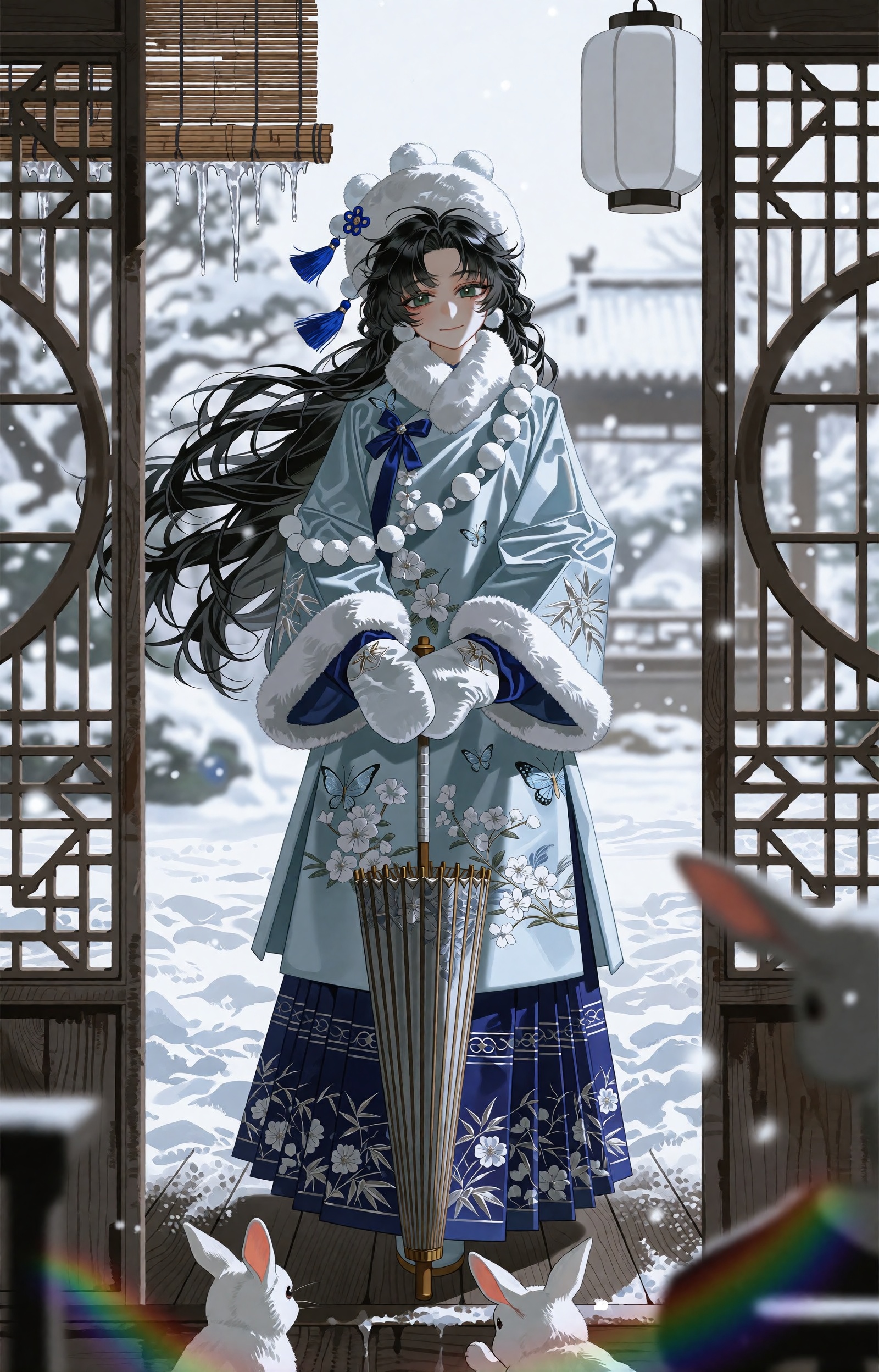 SUBJECT: A woman with waist-length black hair streaming sideways in the wind carries pale skin and a gentle serene smile....