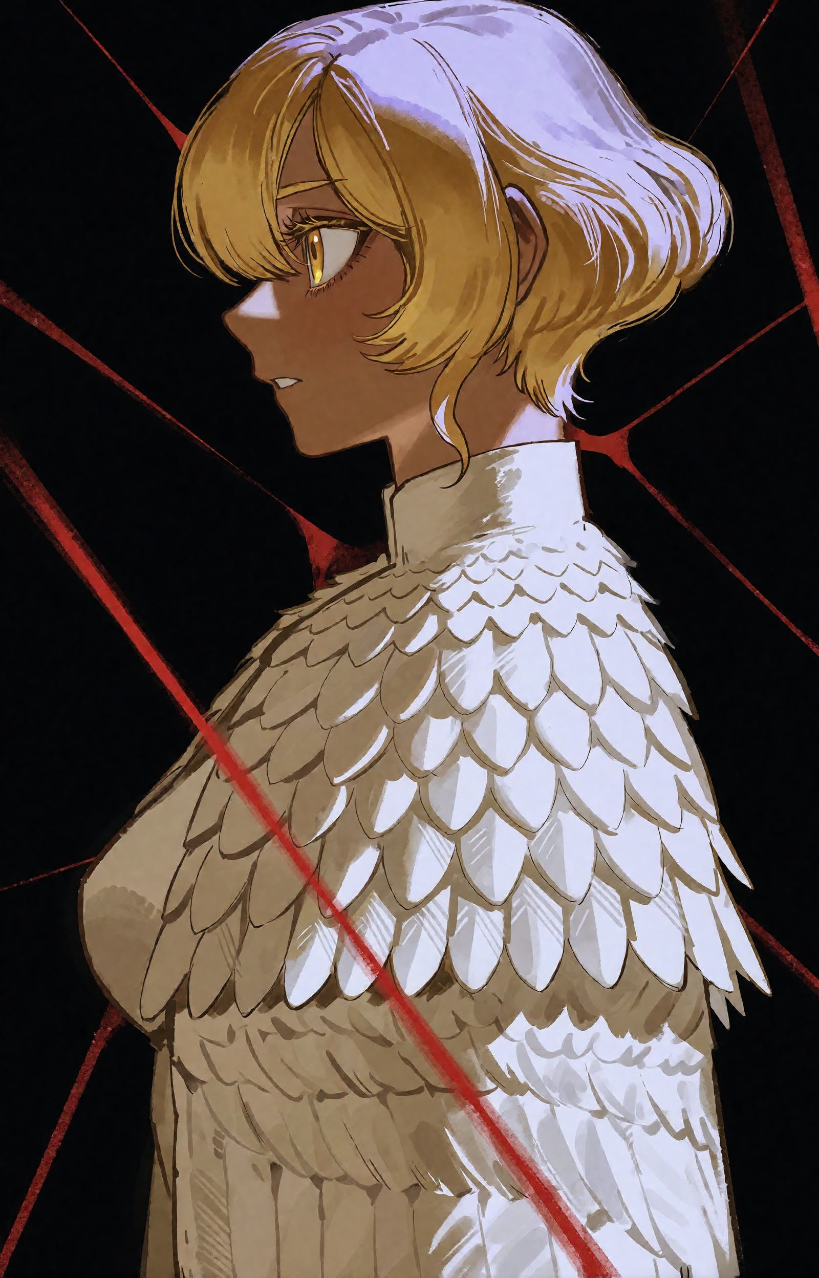 SUBJECT: A young swan-clad herald stands in perfect profile against the night's sealed vault. Her short golden-blonde bob...