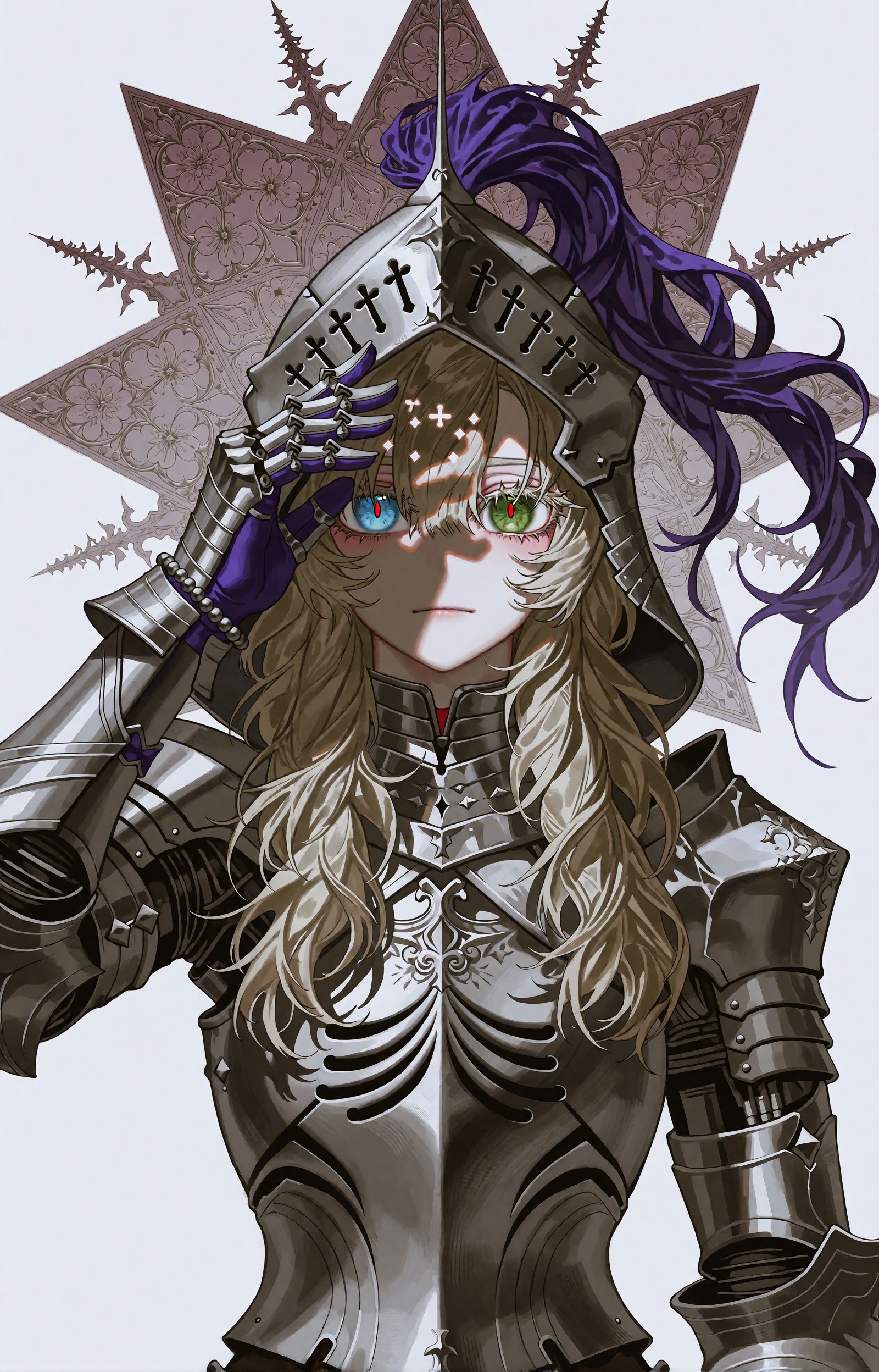 SUBJECT: The young knight-sentinel of the dissolved order remains herself,  a human core within the machine. Her long ash-...