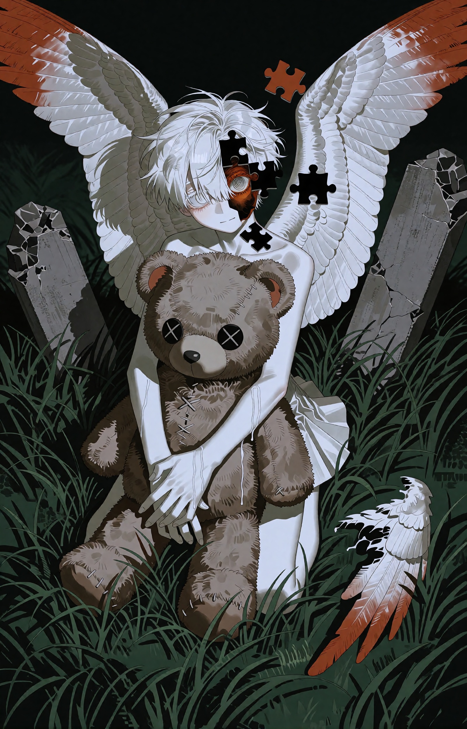 SUBJECT: A slender androgynous angelic figure with bone-white hair sits in tall night grass,  hugging a large worn teddy b...