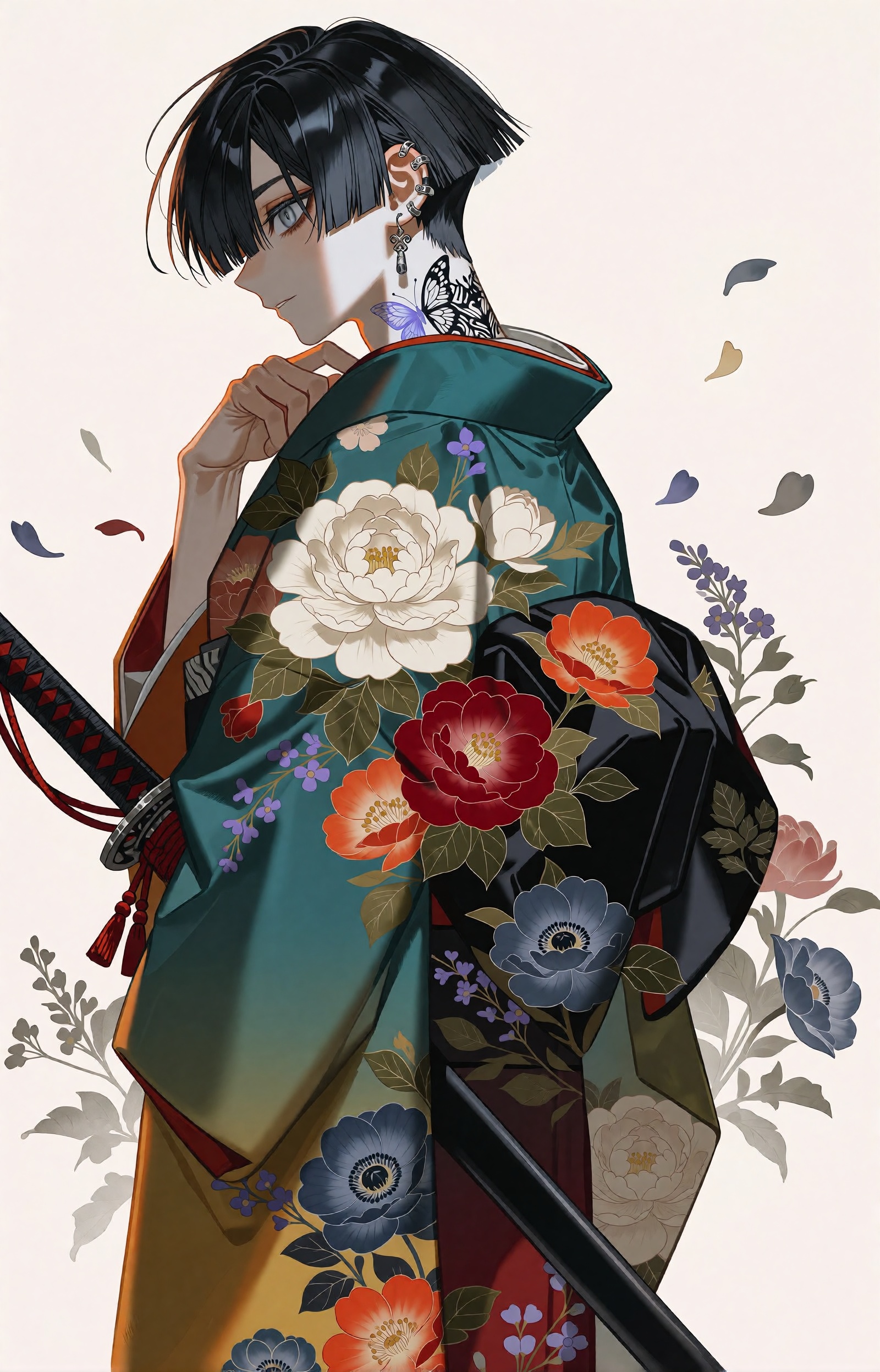 An androgynous young swordsman with short raven-black hair and long bangs brushing his silver-grey eyes glances back over...