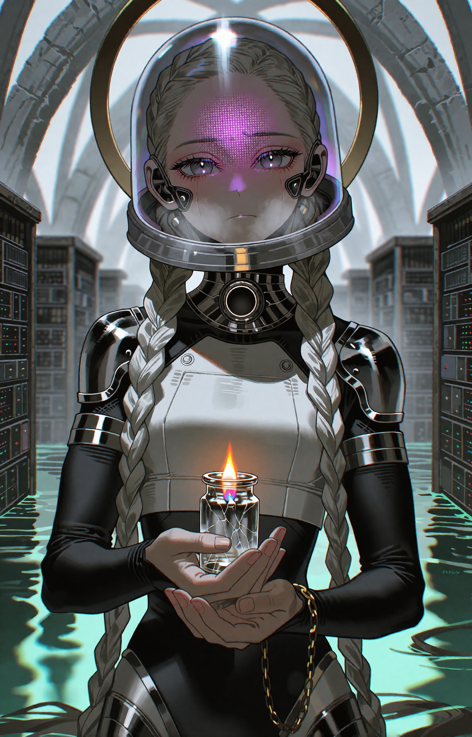 SUBJECT: A young android pilgrim girl stands as the **** figure,  her porcelain face framed within a translucent dome helm...