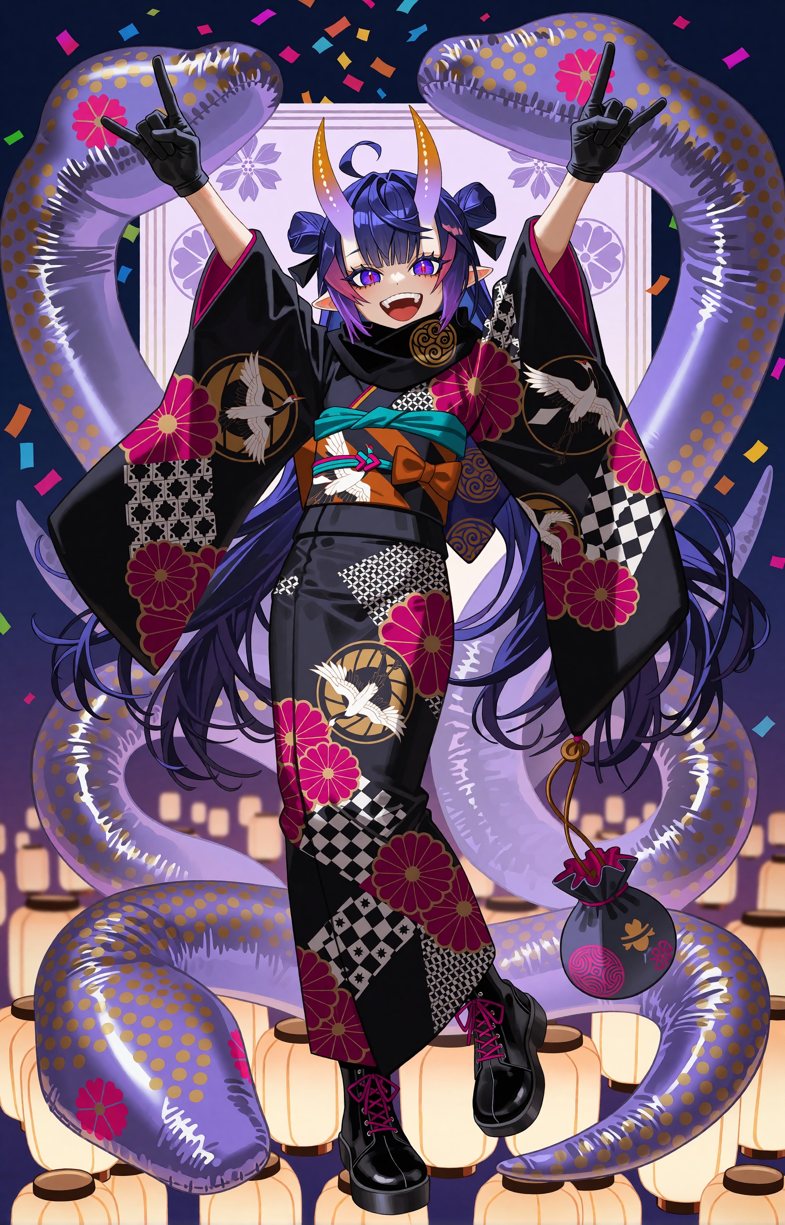 SUBJECT: A cheerful oni-idol girl with long indigo-purple hair styled in a hime cut with twin side buns and trailing front...