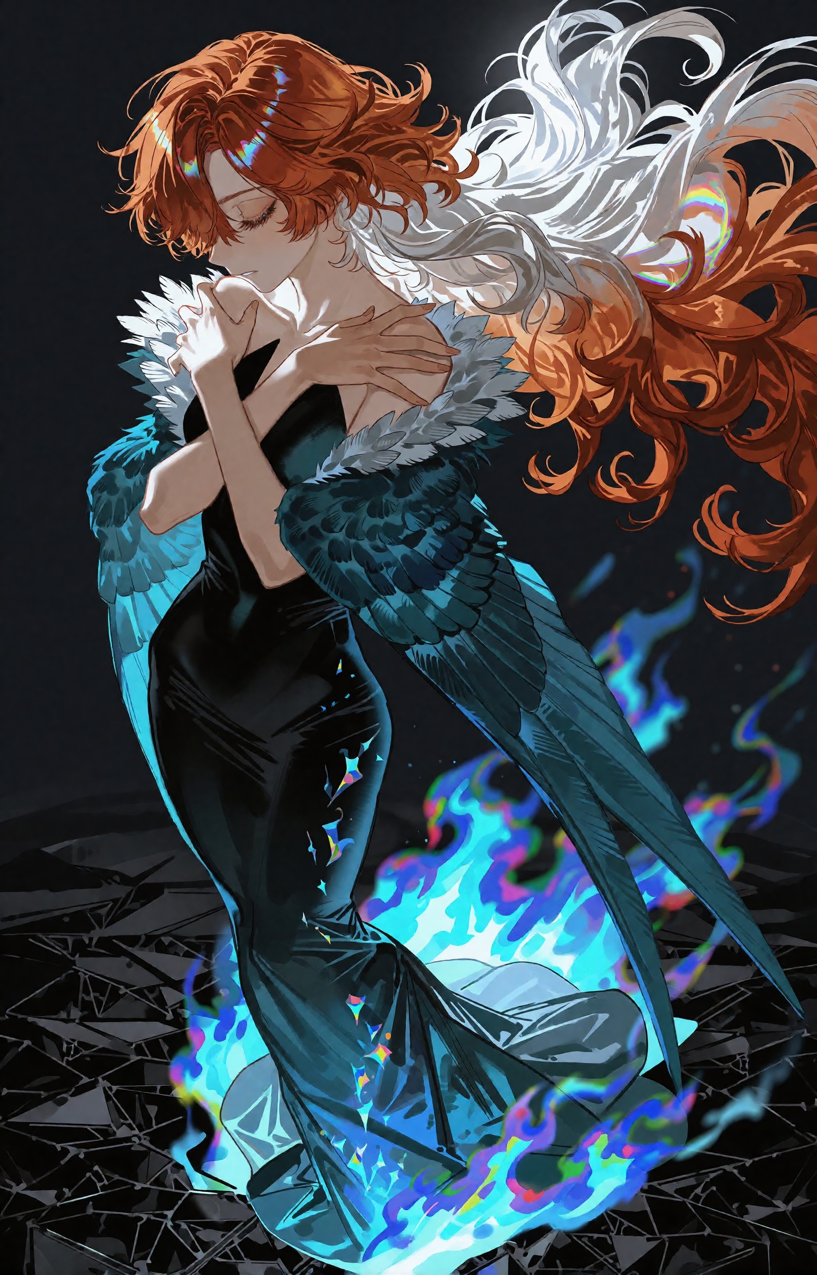 SUBJECT: A young woman with voluminous flowing hair that shifts from copper-orange at the crown through pale white to embe...