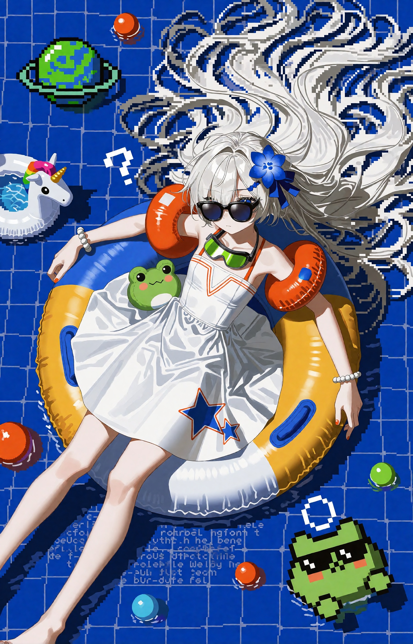 SUBJECT : A silver-haired girl with extremely long white hair streaming outward in glitched,  pixel-frayed waves. She wear...