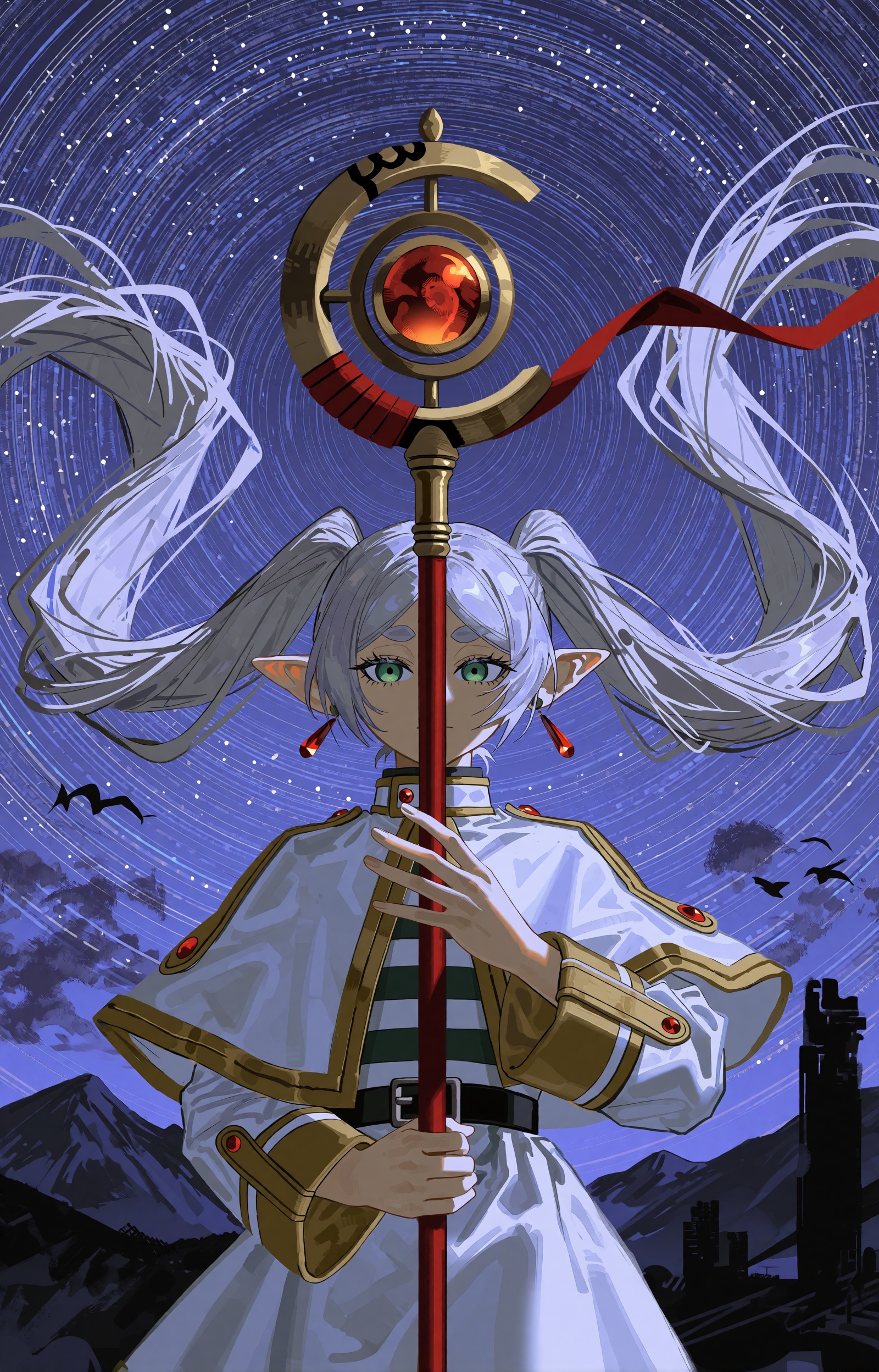 SUBJECT: A young elf mage stands as the still axis of a turning sky. Long silver-white twin tails lift weightlessly around...