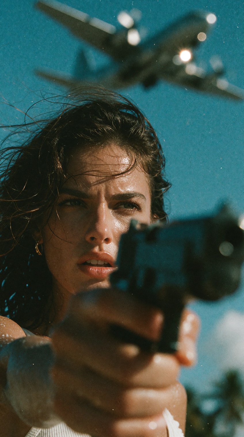 grainy 35mm film still,  retro action-thriller aesthetic,  a fierce woman with windblown dark wavy hair glancing sharply o...