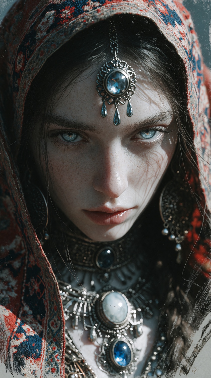 loose painterly digital illustration,  extreme close-up portrait of a pale woman with piercing ice-blue eyes looking up at...