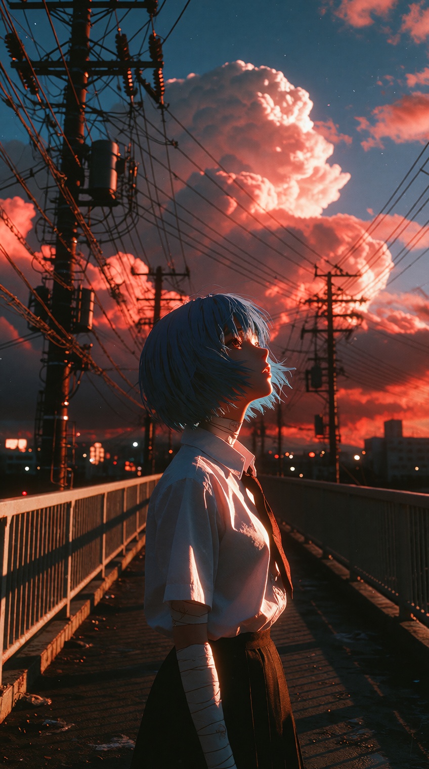 { "image_analysis": { "style": "Japanese film photography,  Hideaki Anno cinematography style,  90s Anime aesthetic realiz...