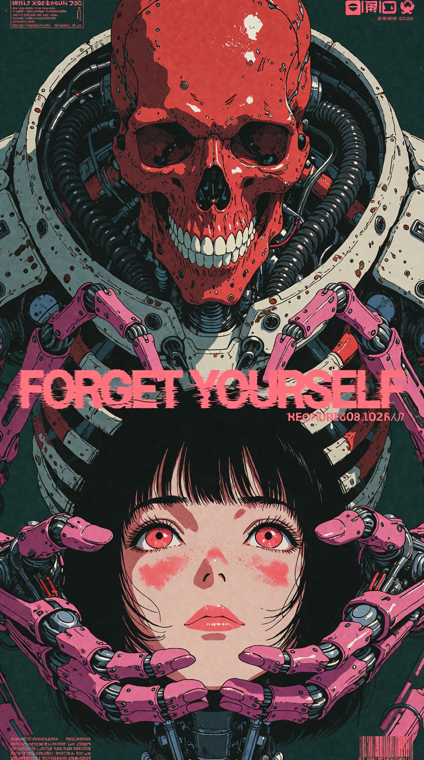 retro cyberpunk anime poster illustration in the style of 80s-90s Satoshi Kon / Katsuhiro Otomo cult flyers,  heavy print...