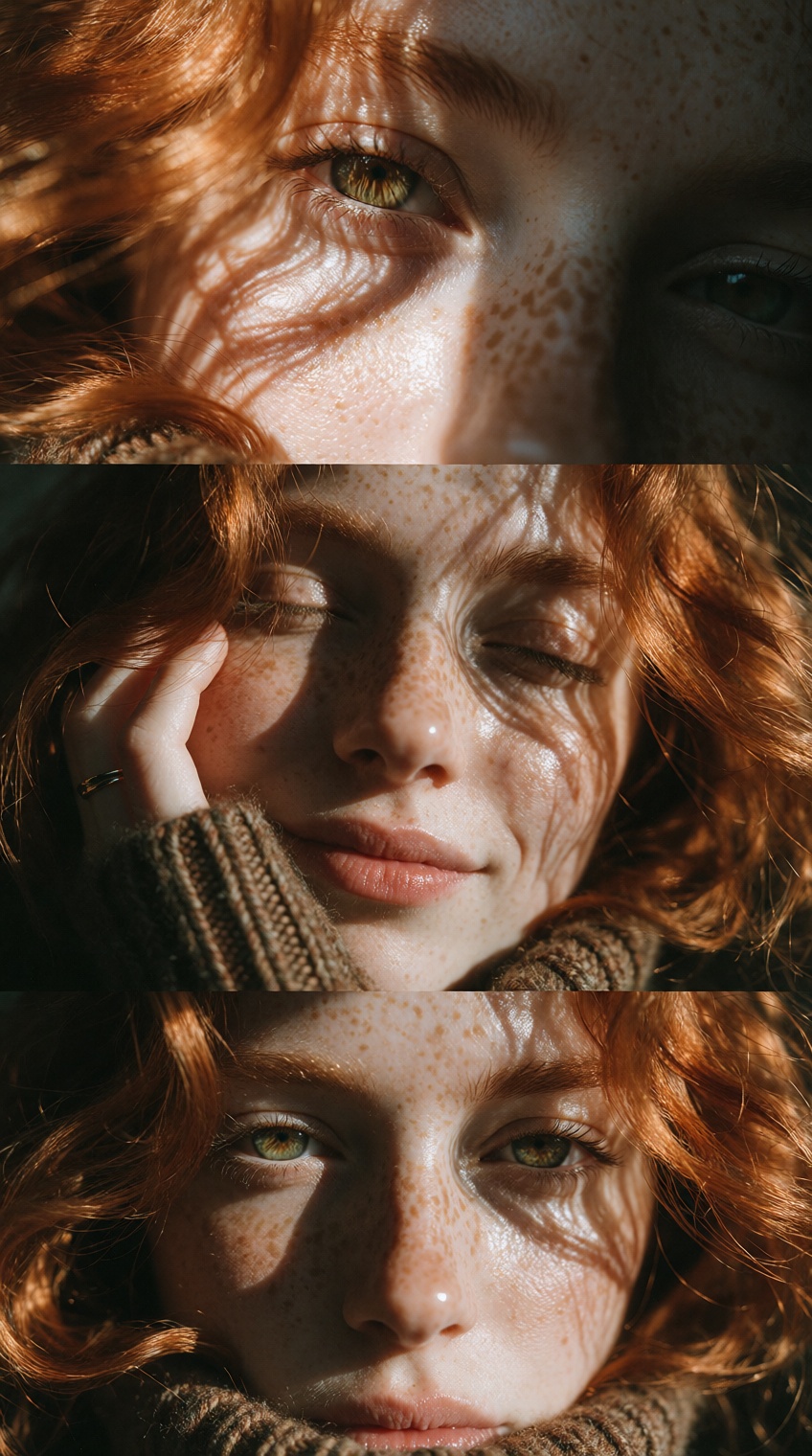 vertical triptych collage of three intimate selfie frames of the same person,  a young woman with fiery copper orange-red...