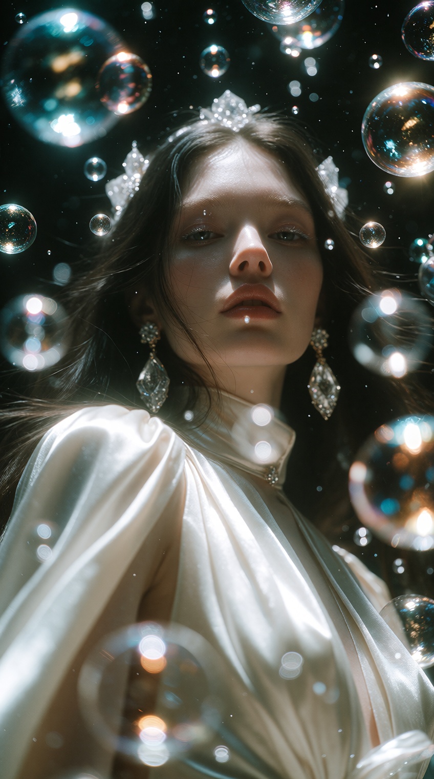 ethereal cinematic fashion editorial,  extreme low-angle worm's-eye portrait of a serene goddess-like woman gazing calmly...
