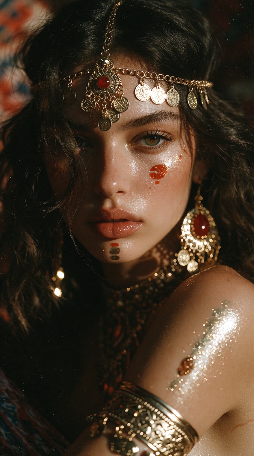 cinematic close-up portrait of a young woman,  dark wavy hair falling over one eye,  intense gaze on Tensor.Art