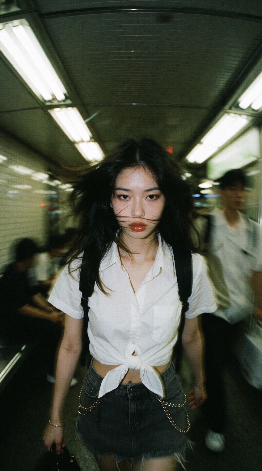 retro lo-fi candid snapshot,  heavy directional motion blur with coarse film grain and a compact-camera / found-footage qu...