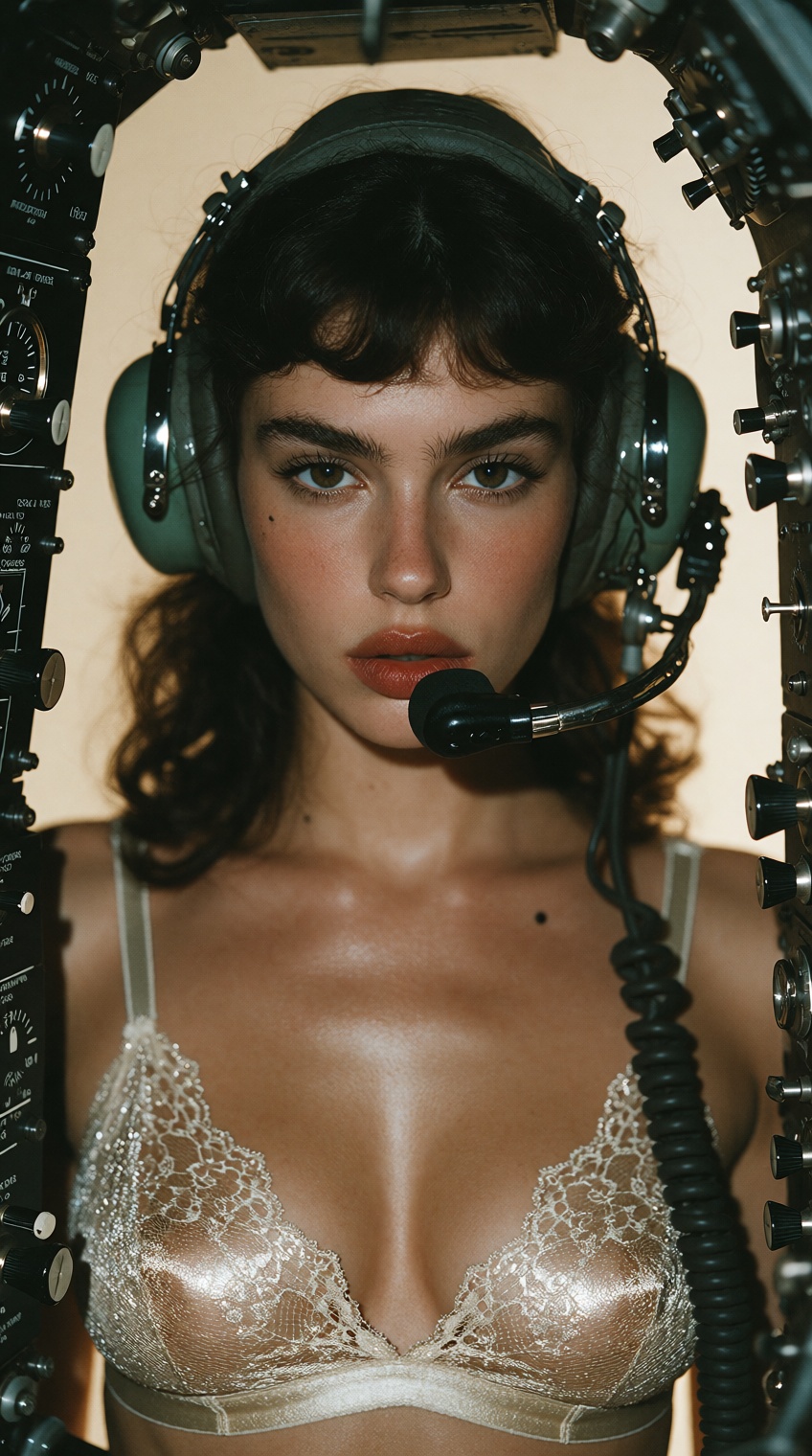 retro editorial film photograph,  pin-up meets cold-war aviation chic,  a woman with dark wavy hair and short micro bangs...