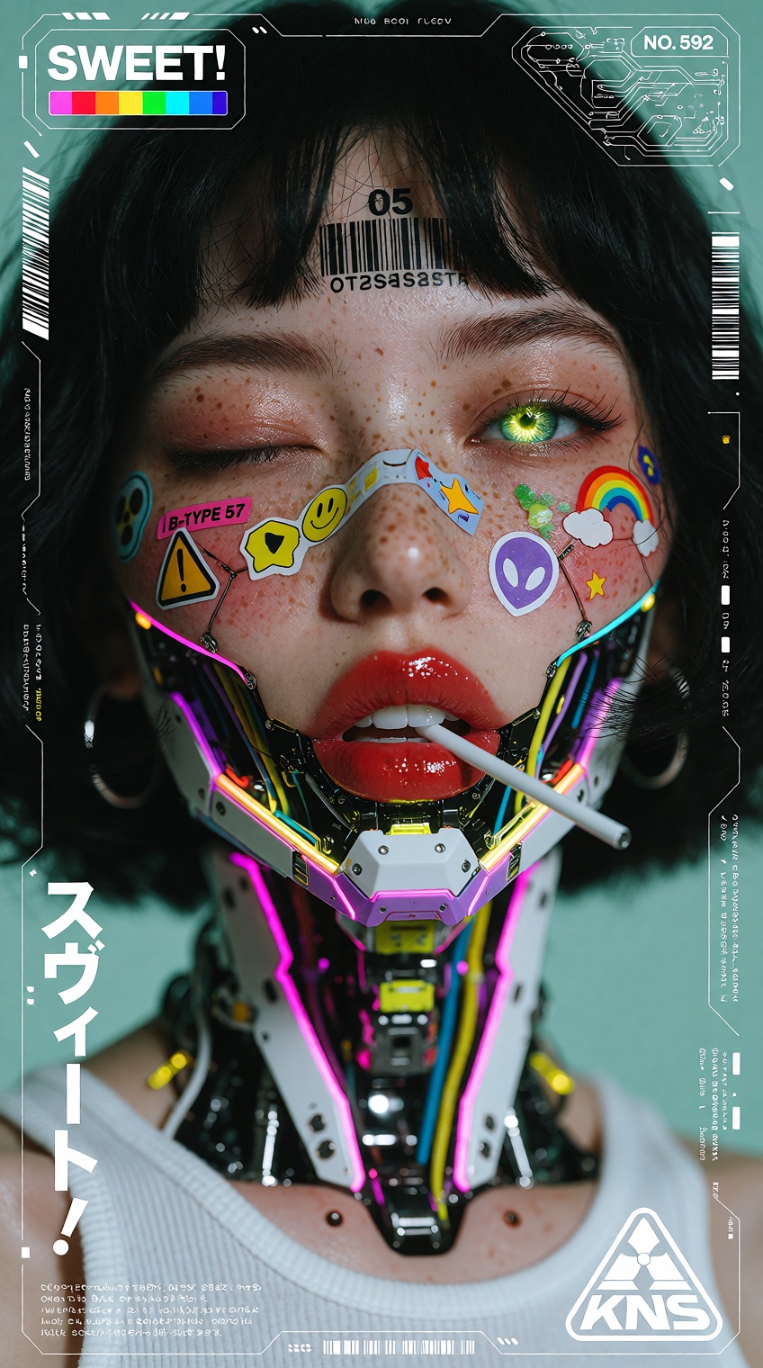 cyberpunk synth-girl product-poster / mecha spec-sheet layout,  photorealistic studio portrait of an Asian woman with a sh...