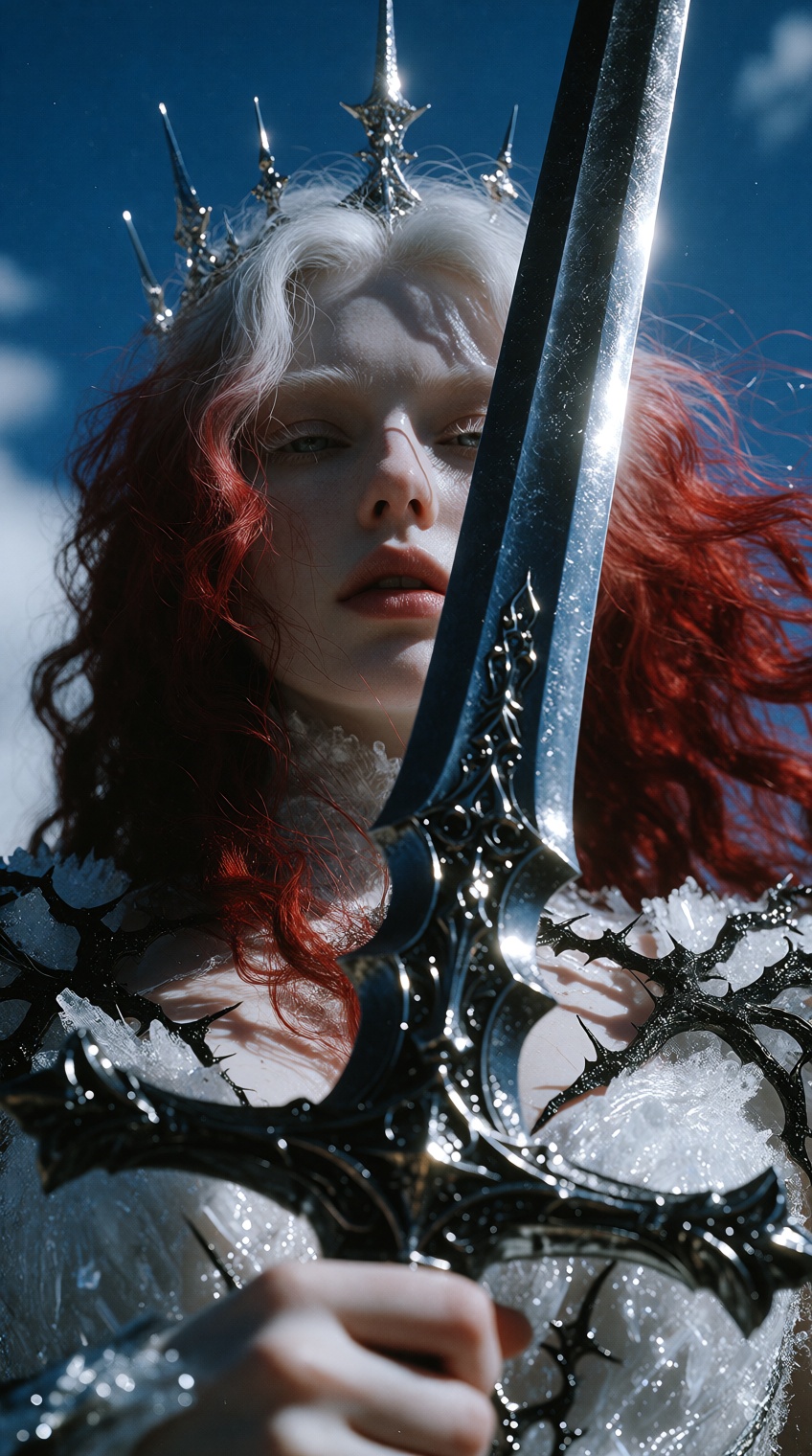 extreme low-angle worm's-eye cinematic portrait,  a pale porcelain-skinned woman towering over the camera,  two-tone hair...