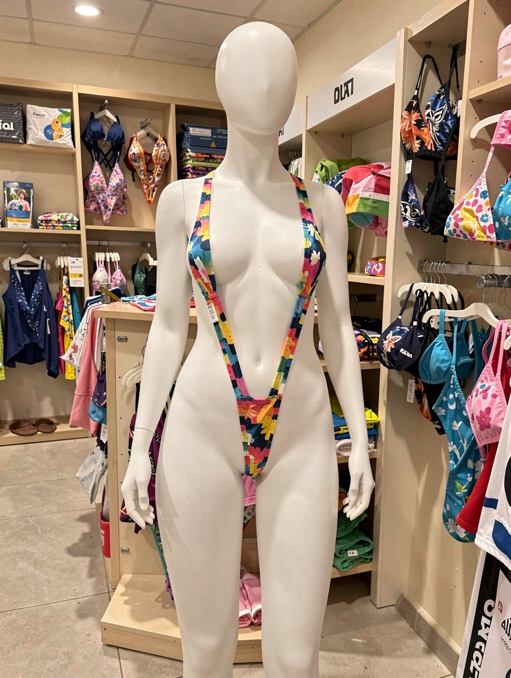 un maniquí femino blanco usando un micro slingshot swimsuit estilo monokini sl1gost,  es de color colorful,  el maniquí es...