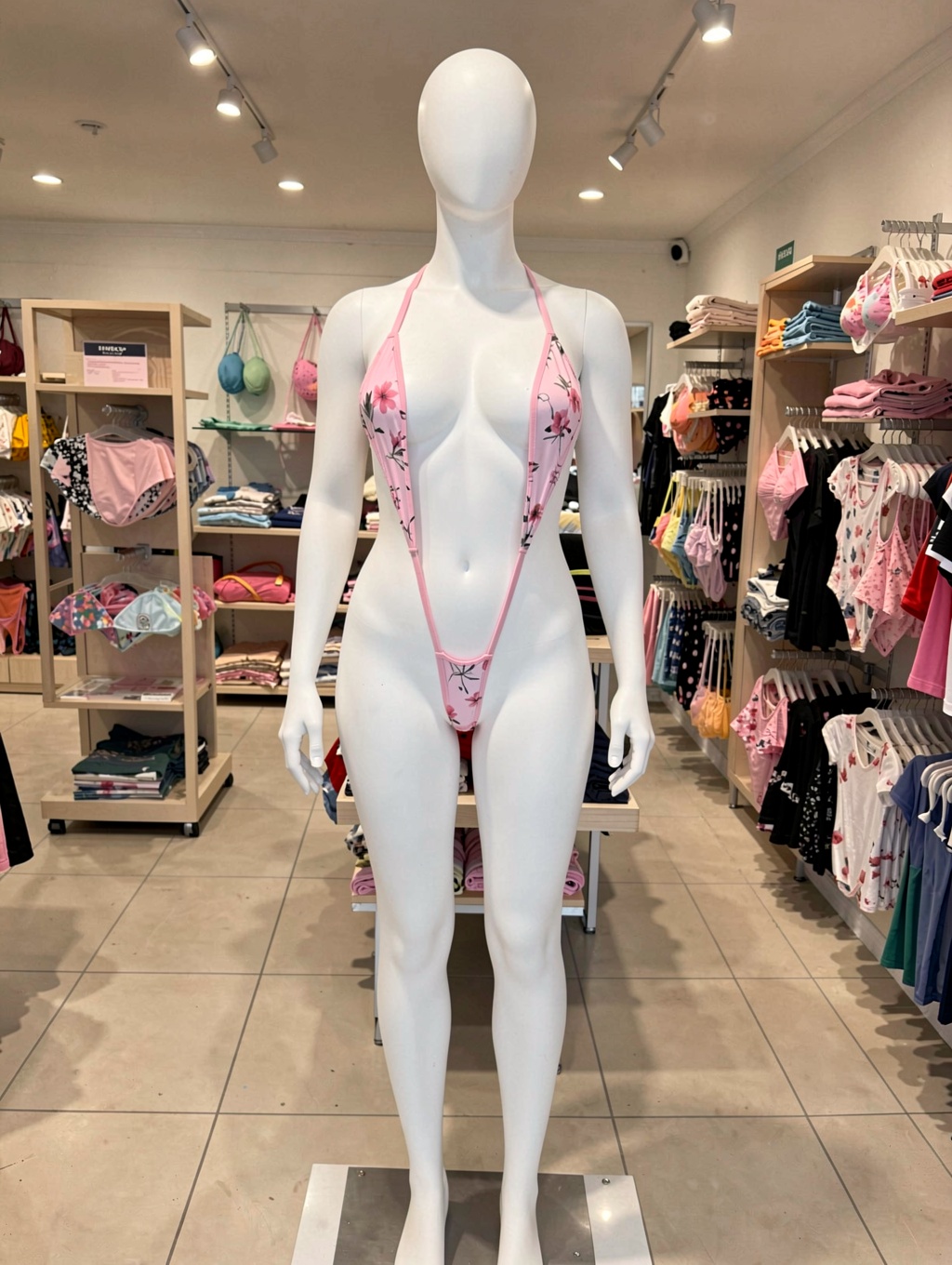 un maniquí femino blanco usando un micro slingshot swimsuit estilo monokini sl1gost,  de color rosa con motivos florales,...