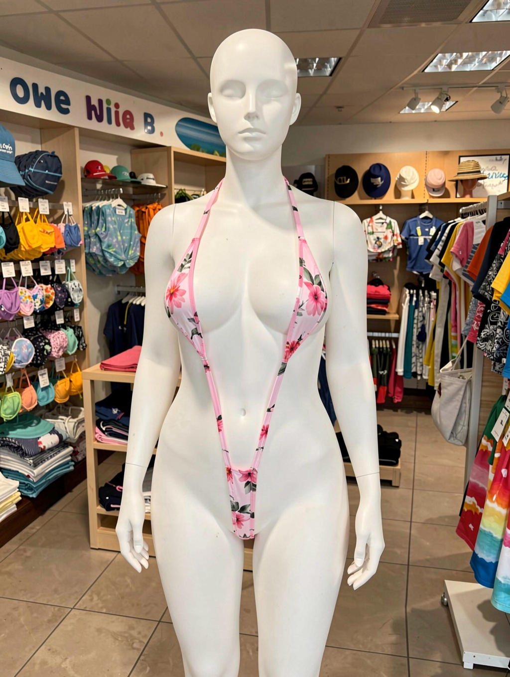 A white female mannequin wearing an extremely small,  pink floral monokini-style slingshot swimsuit; the mannequin is in a...