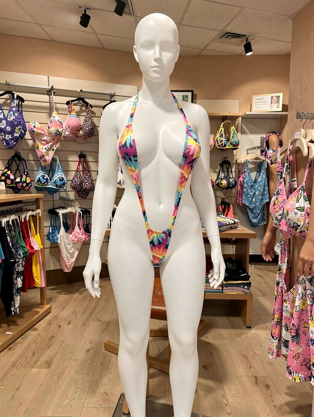 un maniquí femino blanco usando un micro slingshot swimsuit estilo monokini sl1gost,  es de color colorful,  el maniquí es...