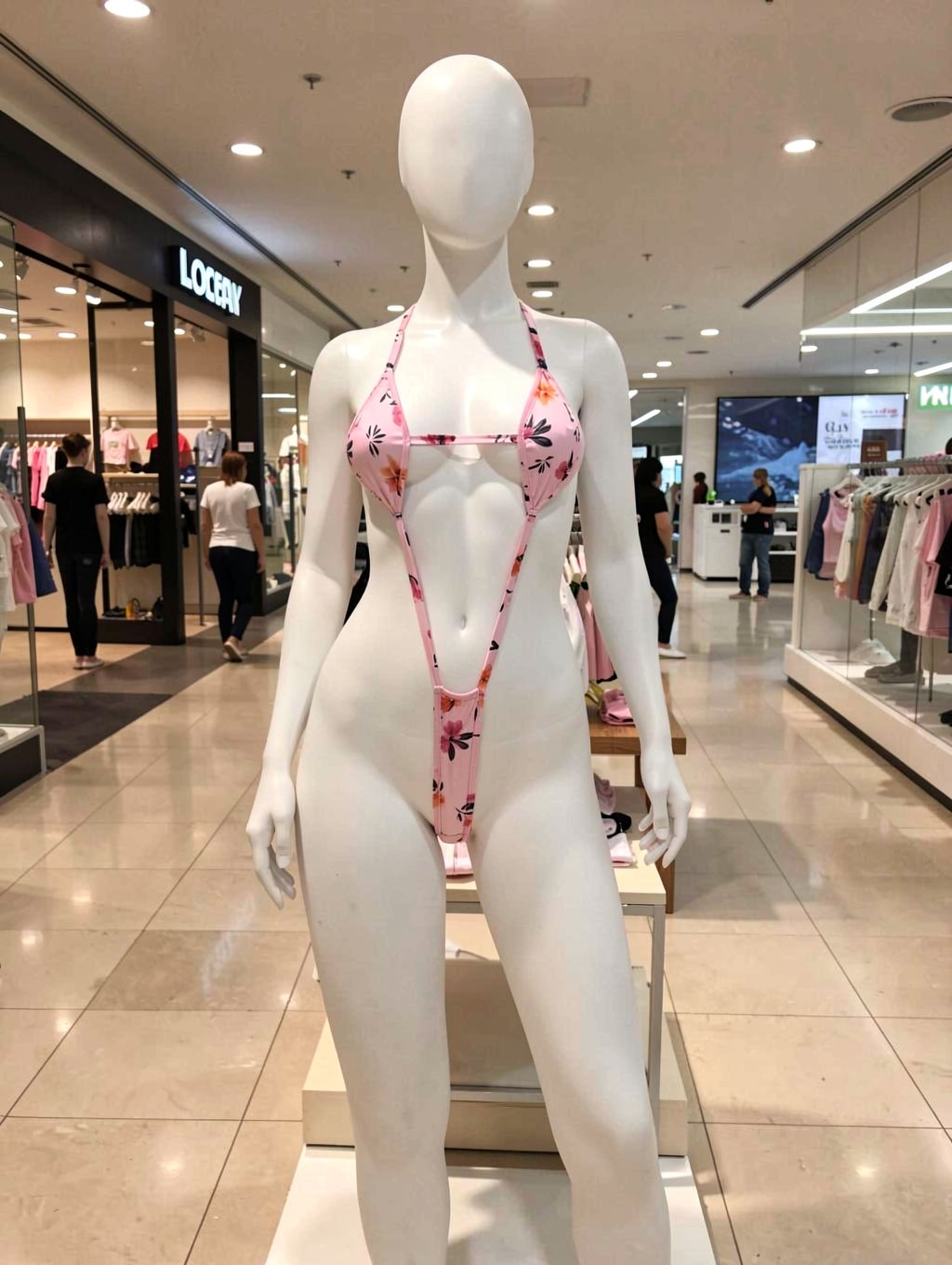 un maniquí femino blanco usando un micro slingshot swimsuit estilo monokini sl1gost,  de color rosa con motivos florales,...