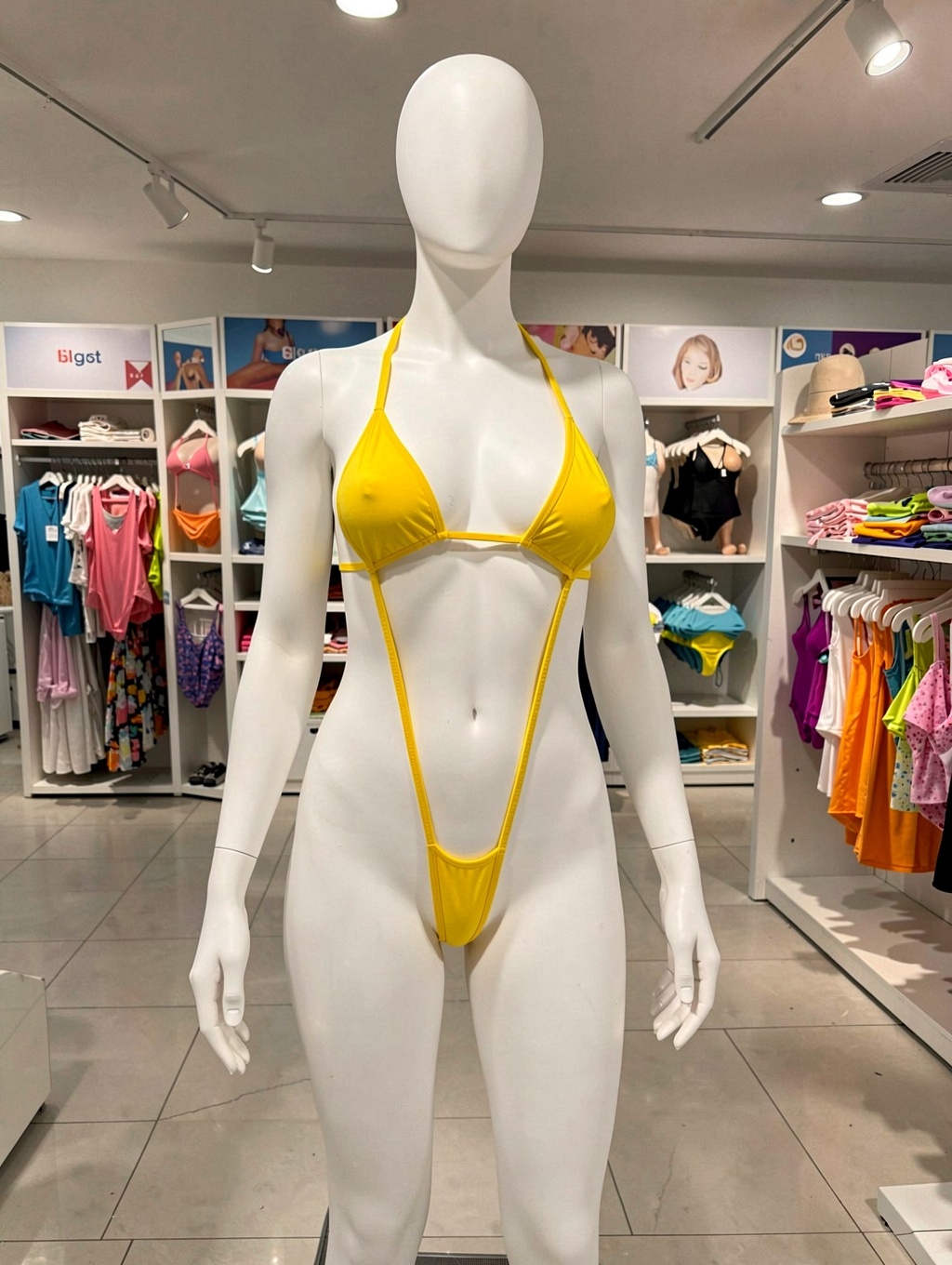 un maniquí femino blanco usando un micro slingshot swimsuit estilo monokini sl1gost,  es de color amarillo,  el maniquí es...
