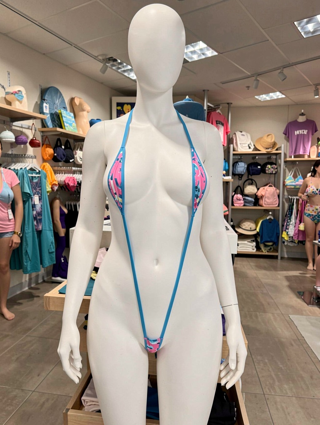 A white female mannequin wearing an extremely small,  blue/pink monokini-style slingshot swimsuit; the mannequin is in a s...